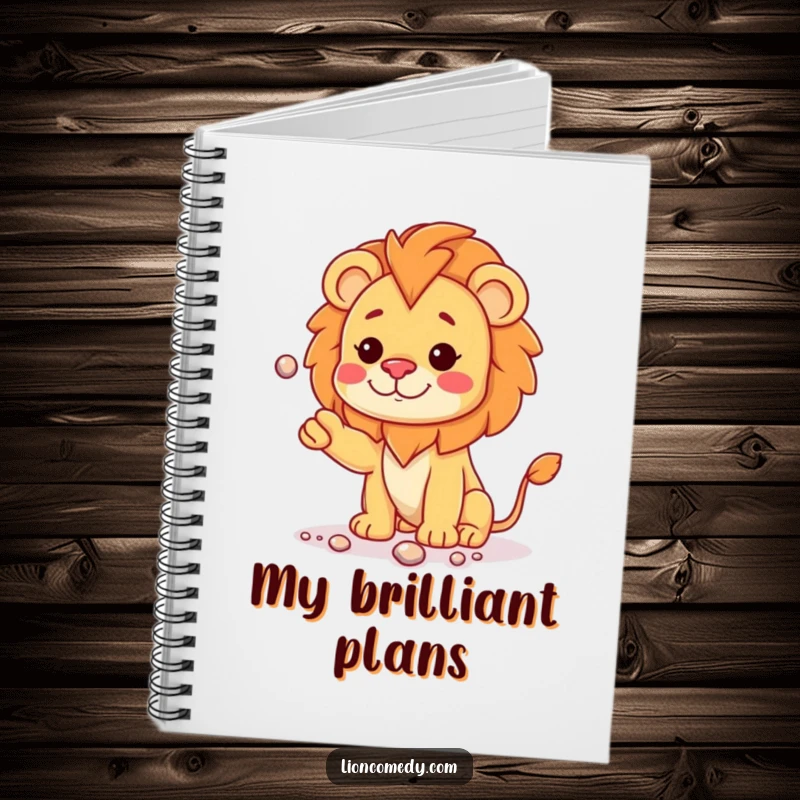 Funny kawaii lion cub with a curious head tilt, juggling shiny pebbles, on a notebook cover for creative planning.