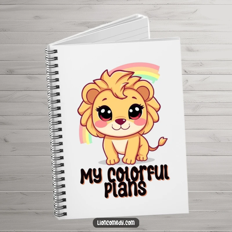 Funny notebook with a cute lion character, wide eyes fixed on a shimmering rainbow, ready to capture inspired thoughts.