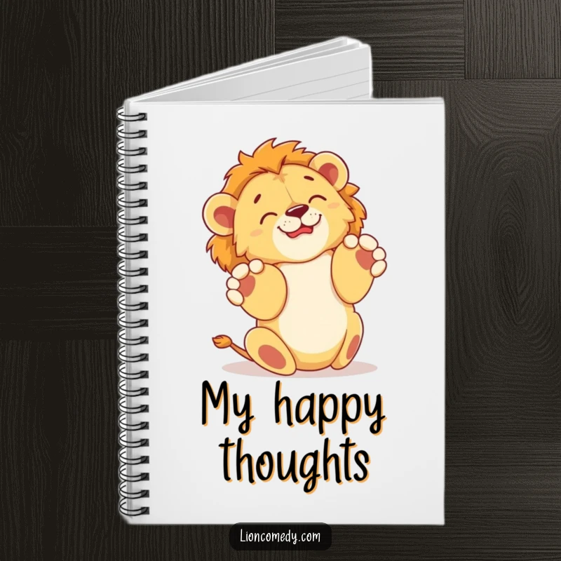 Funny notebook cover featuring a lion cub happily rolling on its back with paws in the air, great for journaling and notes.
