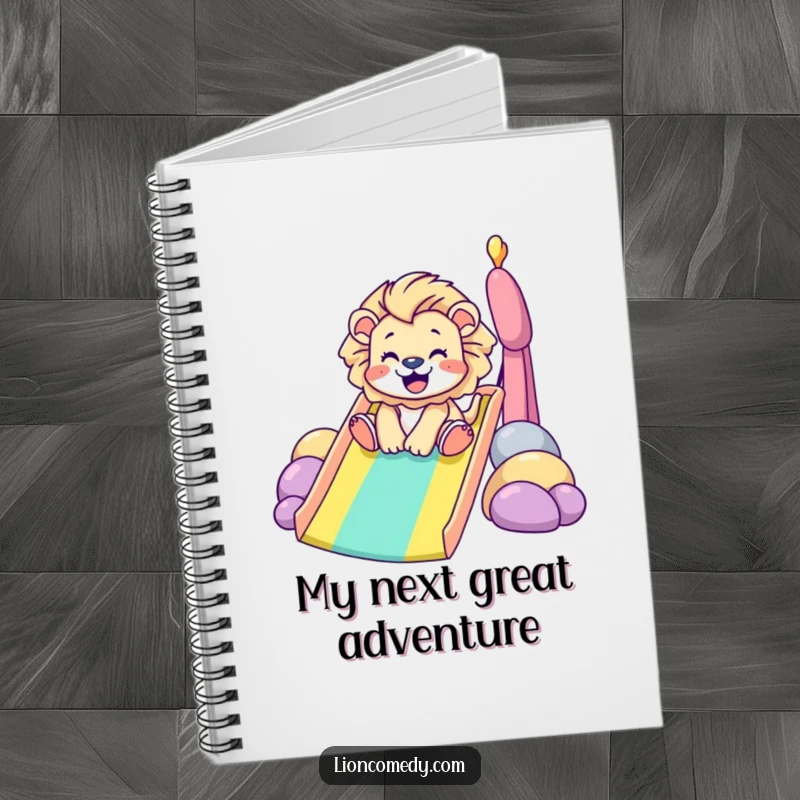 Funny Notebook: A tiny lion gleefully slides down a bright rainbow, inspiring joy and creativity. A humorous journal for everyday use.