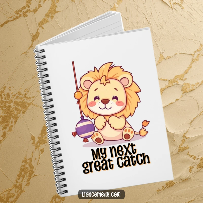 Funny notebook with a kawaii lion batting at a dangling string toy with playful paws, perfect for creative thoughts.