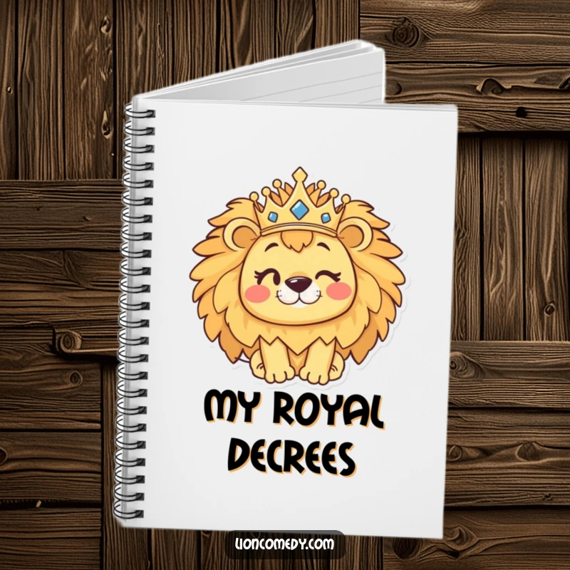 Funny kawaii lion notebook featuring a cute winking lion with a crown, ideal for jotting down ideas with humor.