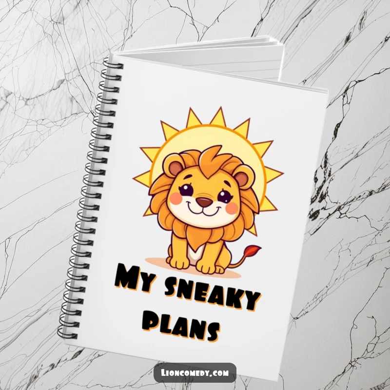 Funny notebook with a kawaii lion with a mischievous grin, hiding behind a large, bright sun, perfect for creative thoughts.