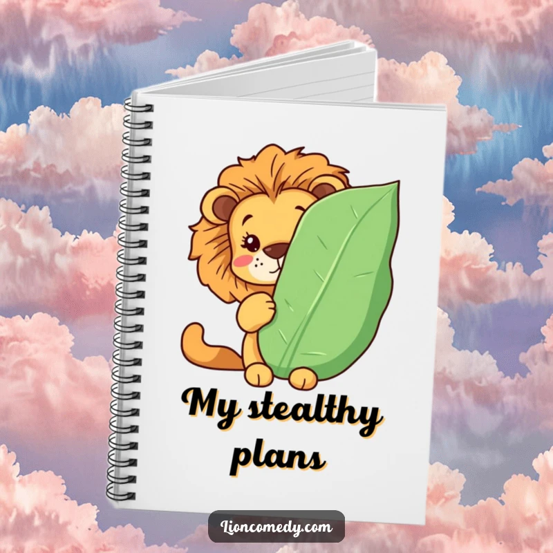 Funny Kawaii lion notebook featuring a lion hiding behind a leaf, peeking out. Ideal for jotting down playful thoughts. Humorous.