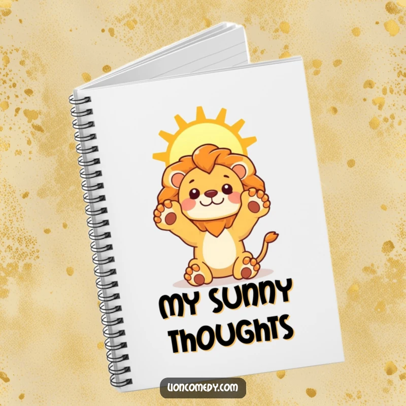 Funny Lion Sun Notebook featuring a kawaii lion stretching its paws upwards towards a bright sun, ideal for notes and creative writing.