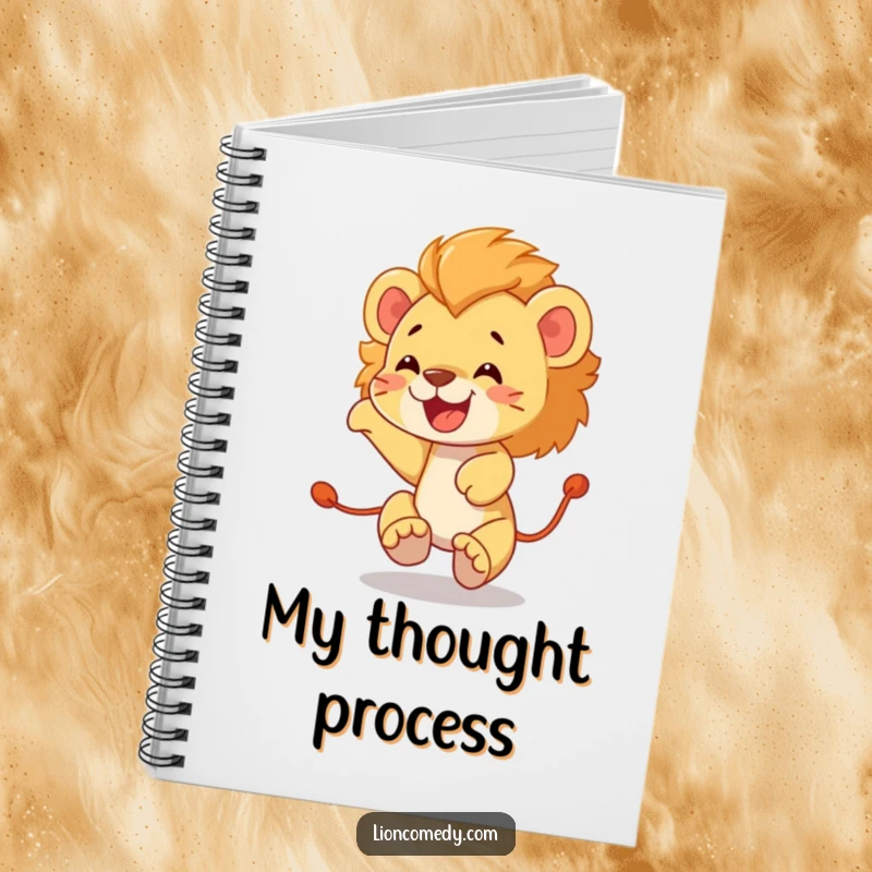 Funny lion cub notebook showing an energetic cub amusingly chasing its own tail in a comical, circular motion.