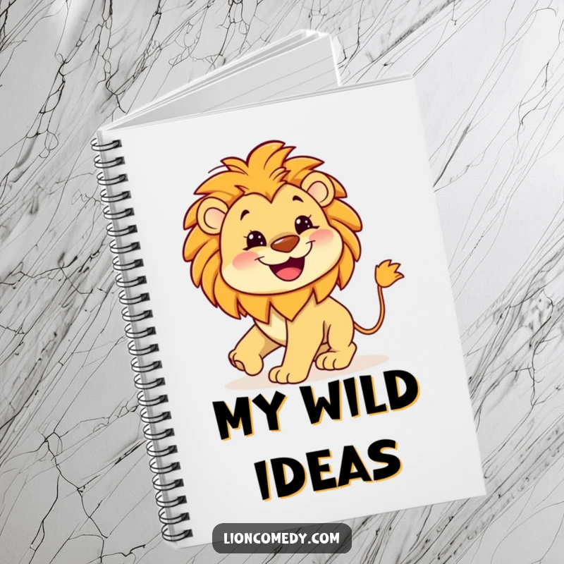 Funny Lion Grin Notebook featuring a kawaii lion with a wide grin, chasing its tail, ideal for notes and creative writing.