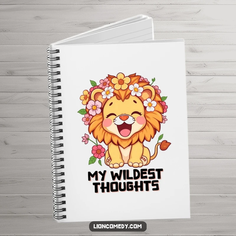 Funny kawaii lion cub with a mane full of flowers, roaring happily, on a notebook cover for creative writing.