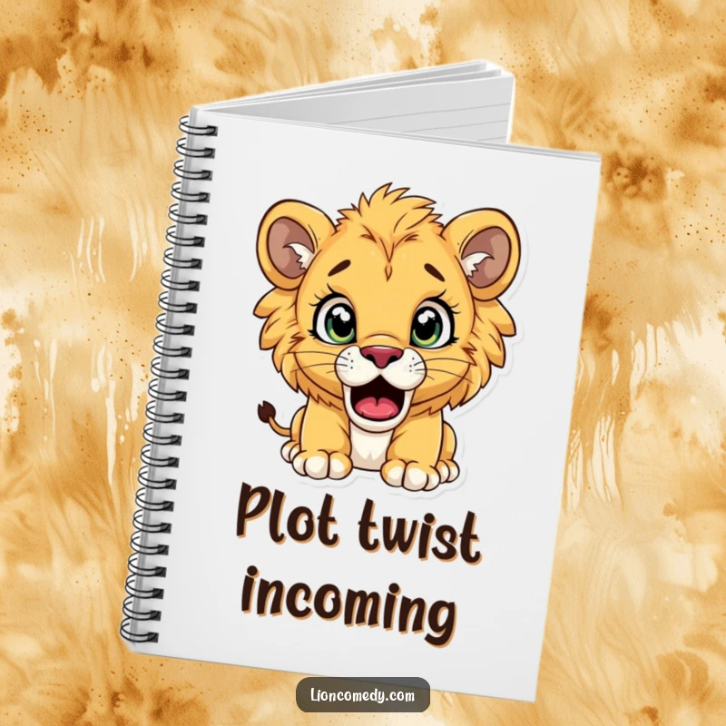 Funny lion cub notebook showing a cub with exaggeratedly wide eyes and an open mouth, looking comically surprised.