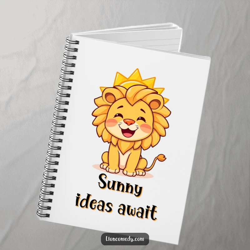 Funny notebook cover with a happy lion balancing a bright yellow sun on its nose, inspiring creativity.