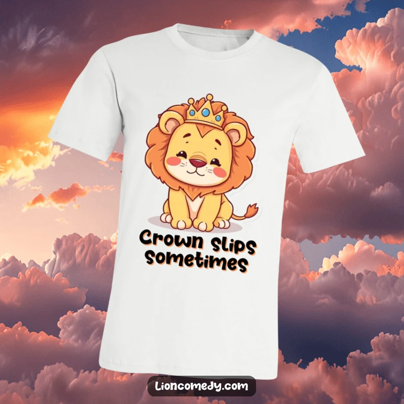 Funny kawaii lion in a crown, looking regal then stumbling, printed on a soft and comfortable t-shirt.