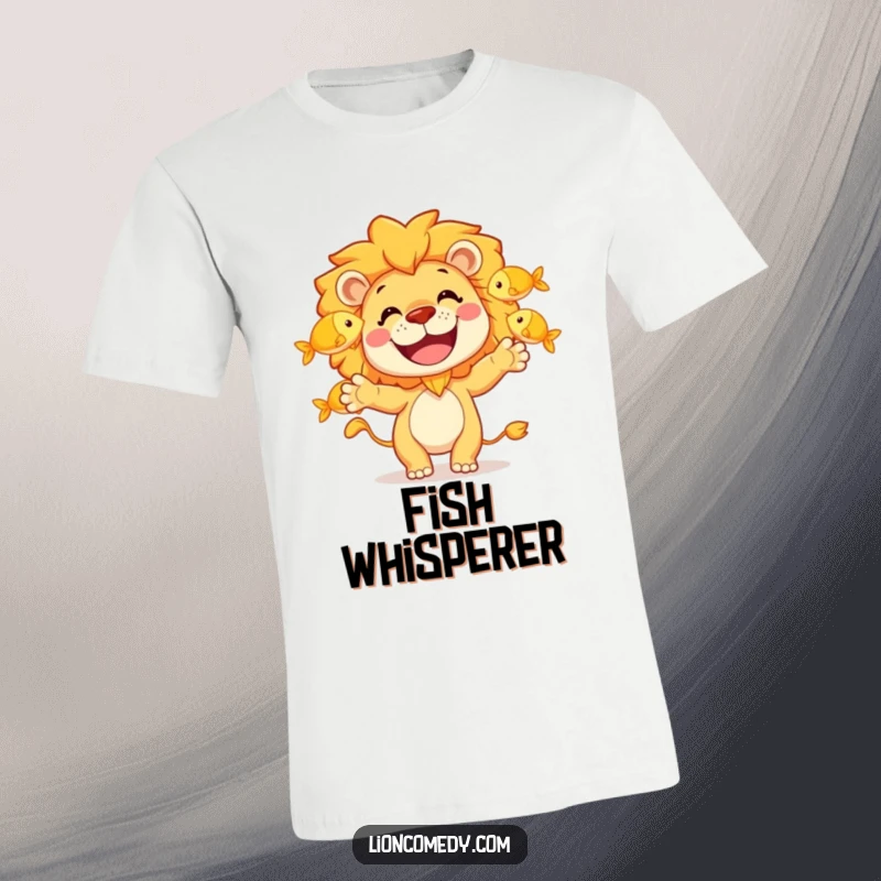 Funny t-shirt showcasing a joyful lion character masterfully juggling three shimmering golden fish with a wide, comical grin.