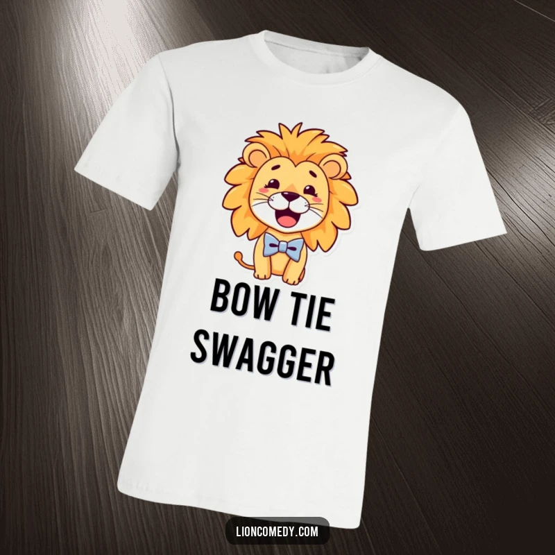 Funny T-Shirt of a lion sporting a tiny bow tie and a big, goofy smile, looking dapper yet hilariously charming.