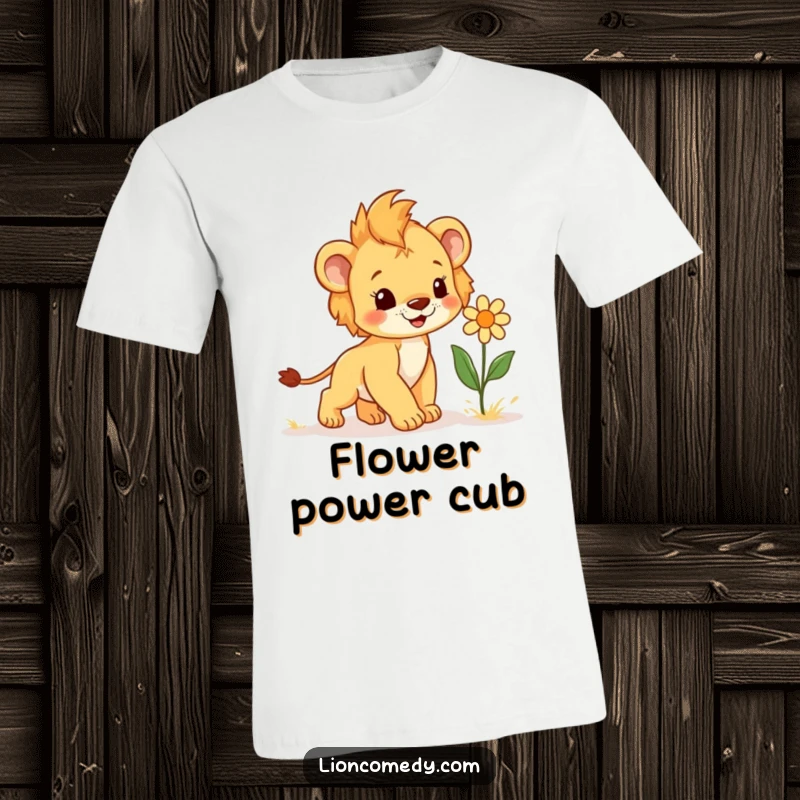 Funny T-Shirt of a lion cub with a spirited step, happily approaching a giggling flower, radiating joy and innocence.