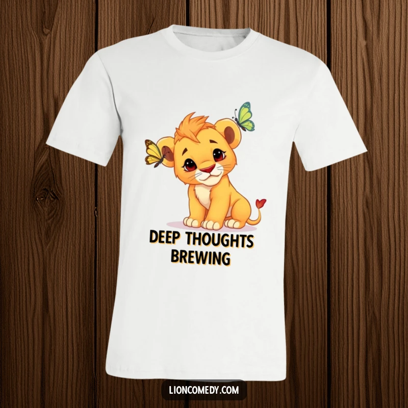 Funny Lion Cub T-Shirt: A wide-eyed cub curiously tilts its head, captivated by a delicate butterfly in flight.