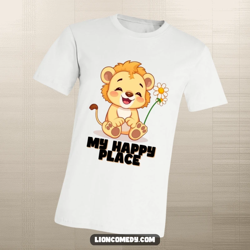 Funny Lion Cub T-Shirt: A delighted cub wiggles its toes, tickled by a daisy, showing innocent, happy pleasure.