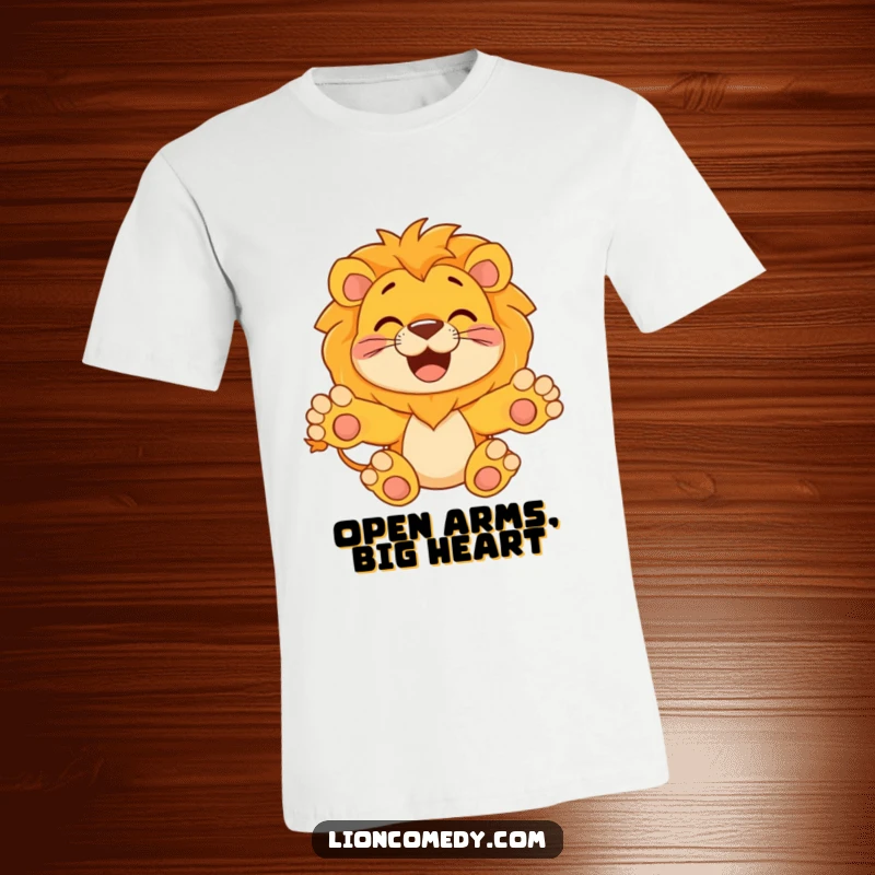 Funny T-Shirt of a happy lion with its paws spread wide, eagerly ready for a hug, conveying warmth and a desire for connection.