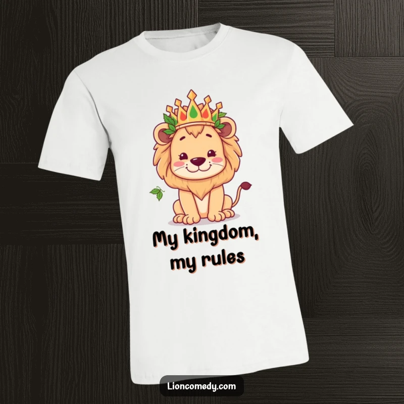Funny kawaii lion wearing a crown of leaves, striking a kingly yet goofy pose, printed on a fun t-shirt.