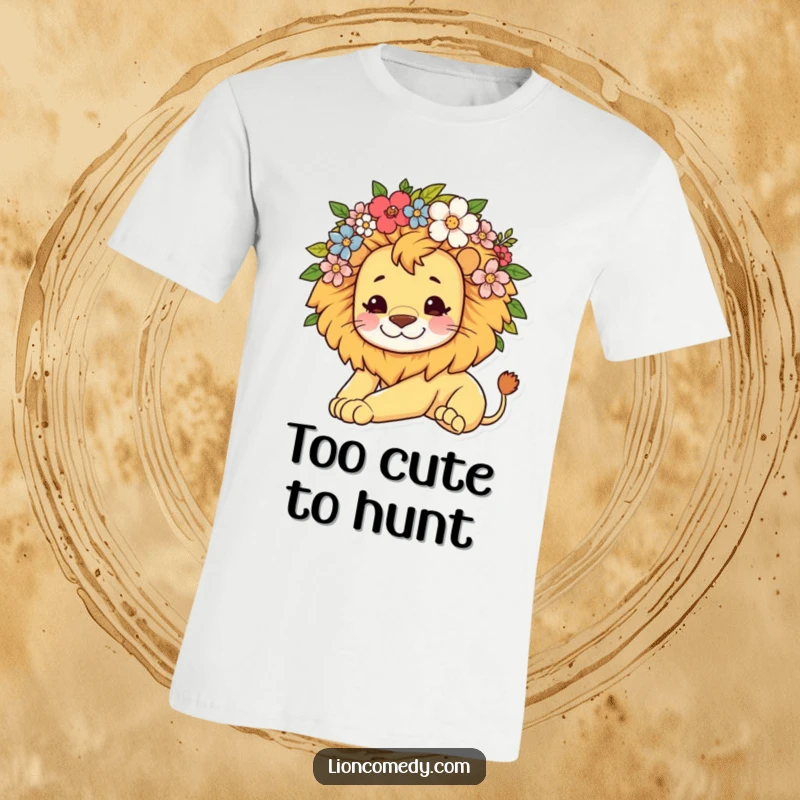 T-shirt showcasing a kawaii lion character with a soft mane of flowers, stretching out in a pose of ultimate laziness.