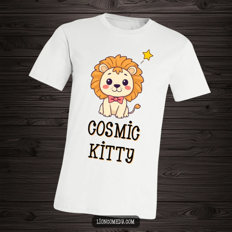 Funny Kawaii Lion T-Shirt: A surprised cartoon lion in a bow tie watches a star fall, ideal funny gift.