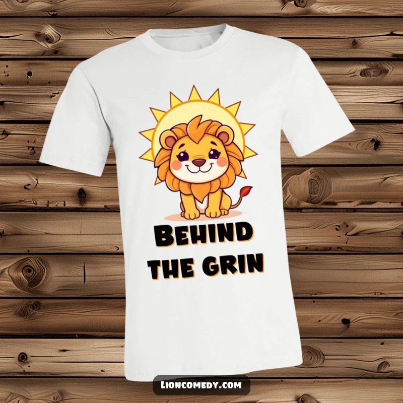 Funny t-shirt with a kawaii lion sporting a mischievous grin, hiding playfully behind a large, bright sun.