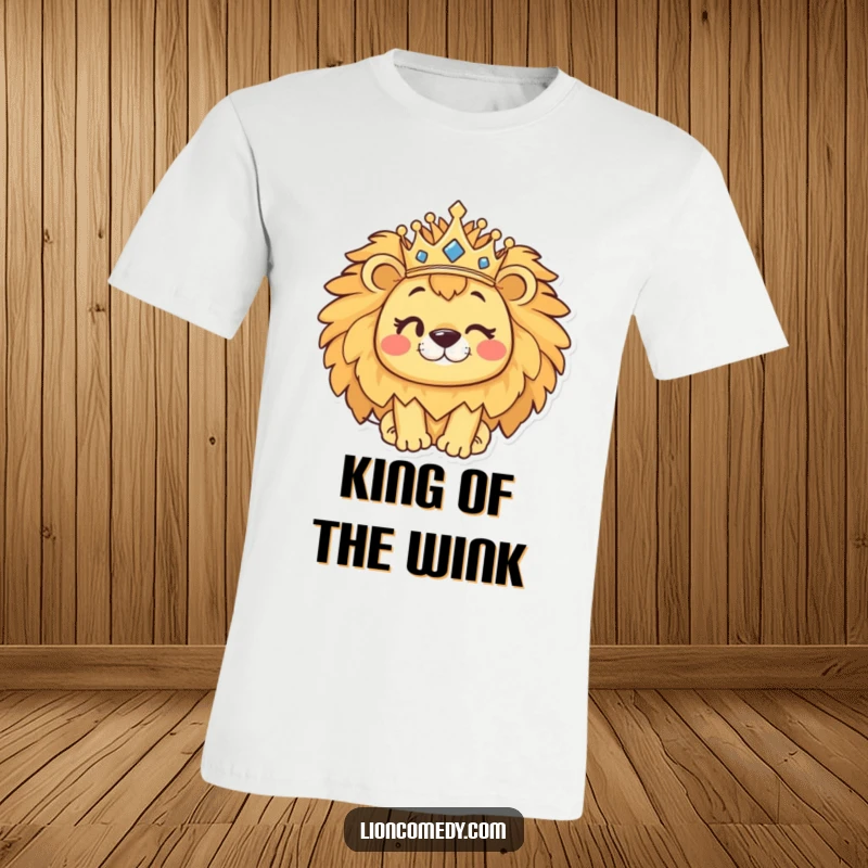 Funny kawaii lion t-shirt with a cute lion wearing a crown and winking, exuding playful royalty and humor.
