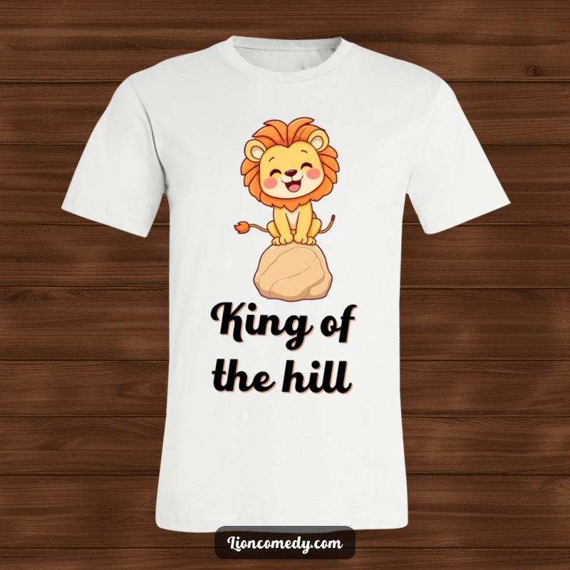 Funny lion balancing t-shirt depicting a joyful lion confidently balancing on a small rock, celebrating fun and agility.