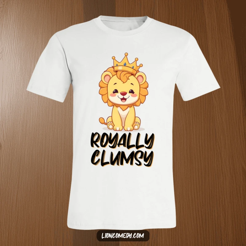 Funny lion cub t-shirt, a cheerful cub precariously balancing a crown on its tiny mane, celebrating playful royalty and fun.