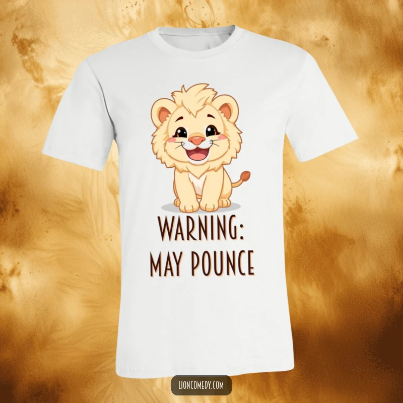 A fluffy lion cub with a wide grin captured mid-pounce on a fun t-shirt, showcasing playful energy.