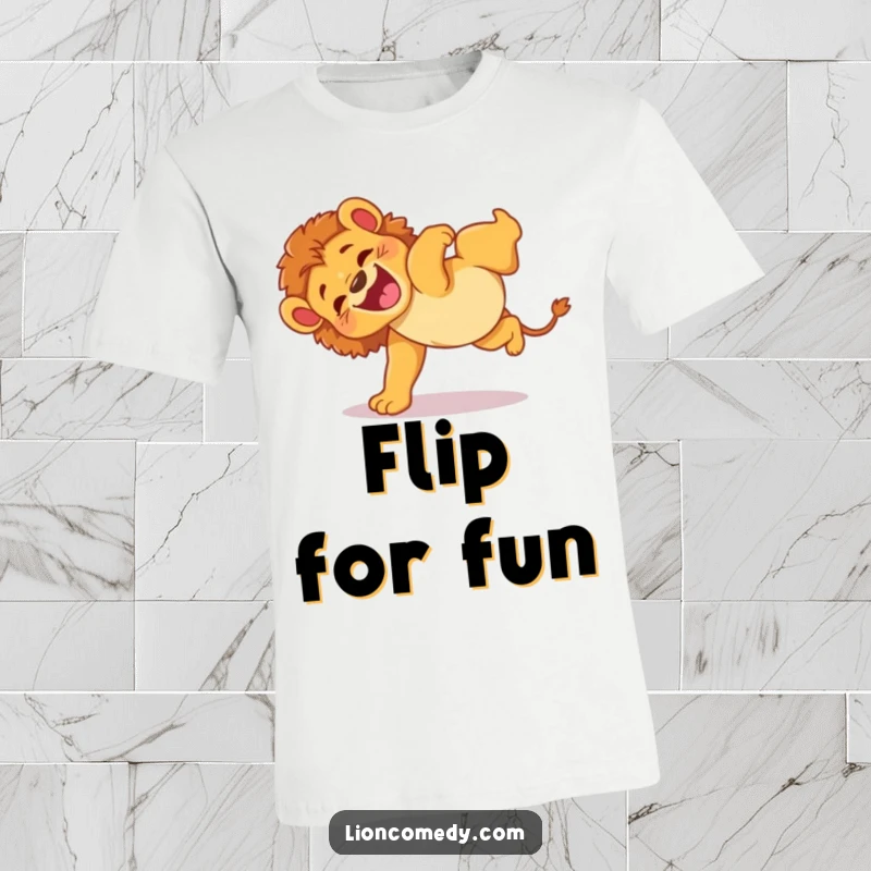 Funny t-shirt featuring an energetic lion cub doing a comical, clumsy somersault with an expression of pure glee.