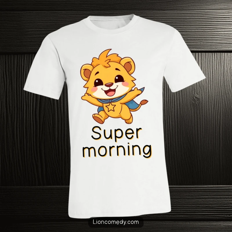 Funny t-shirt featuring a smiling lion cub in a superhero cape, joyfully flying with a cape billowing behind.