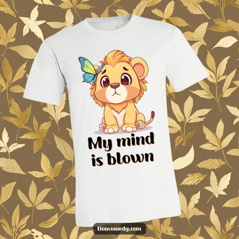 Funny t-shirt depicting a shocked lion cub looking up at a butterfly with a comically surprised expression, perfect for a laugh.