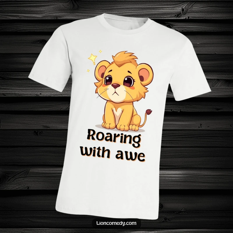 Funny lion cub t-shirt, with a look of pure wonder watching a shooting star, inspiring awe and adventure for young and old.