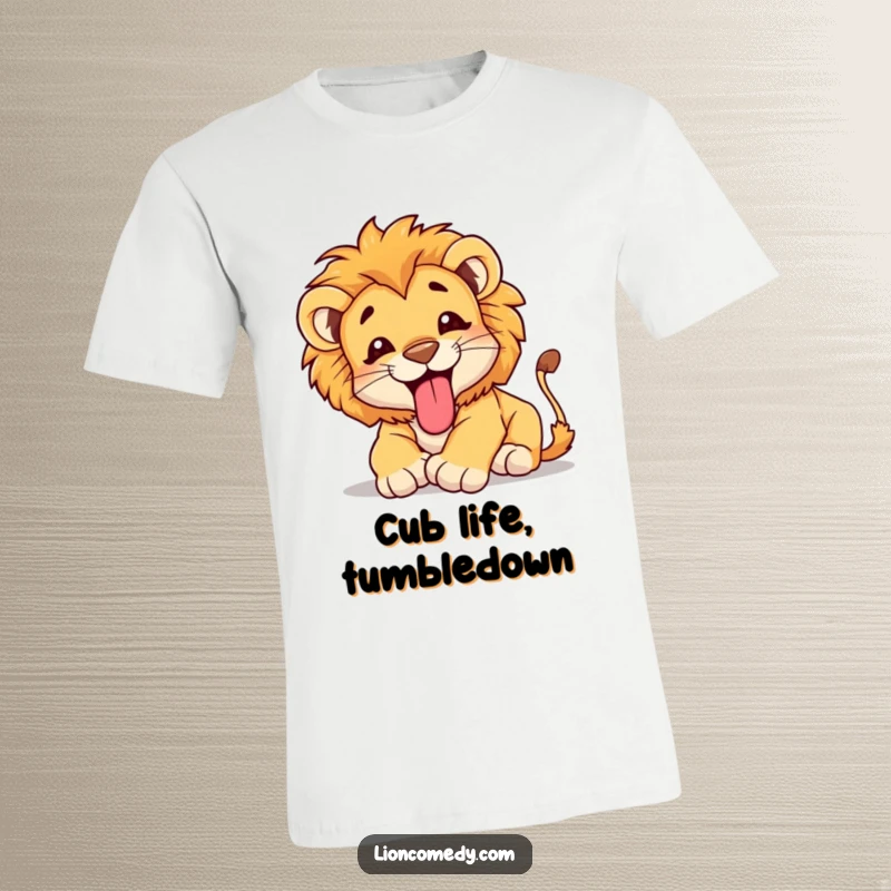 Funny T-Shirt of a happy lion cub joyfully tumbling with its tongue playfully sticking out, capturing a moment of pure, uninhibited fun.