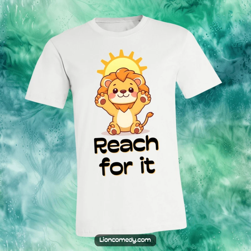 Funny Lion Sun T-Shirt displaying a cute kawaii lion stretching its paws upwards towards a bright sun, a cheerful graphic tee.