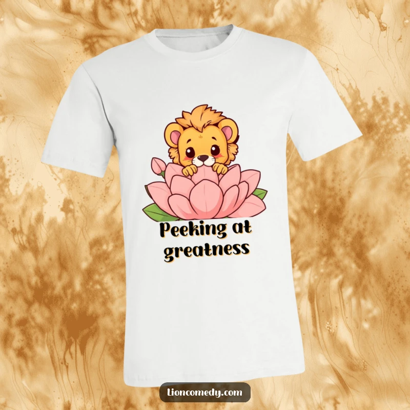 Funny t-shirt featuring a lion cub playfully peeking over a large, stylized flower, showcasing curiosity and humor.