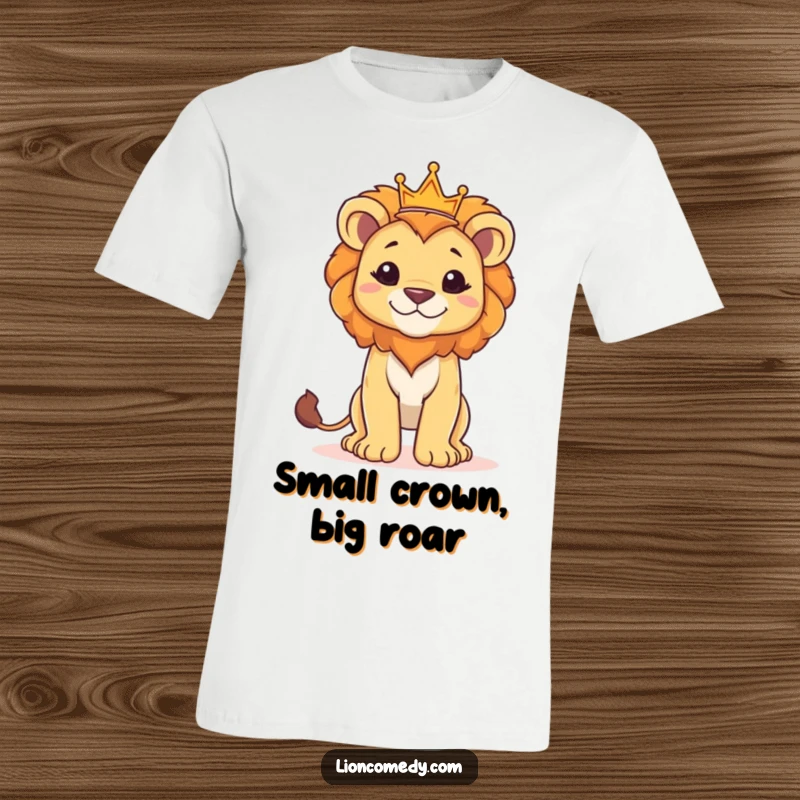 Funny t-shirt with a proud lion cub standing tall and wearing a small crown, a statement of youthful pride.