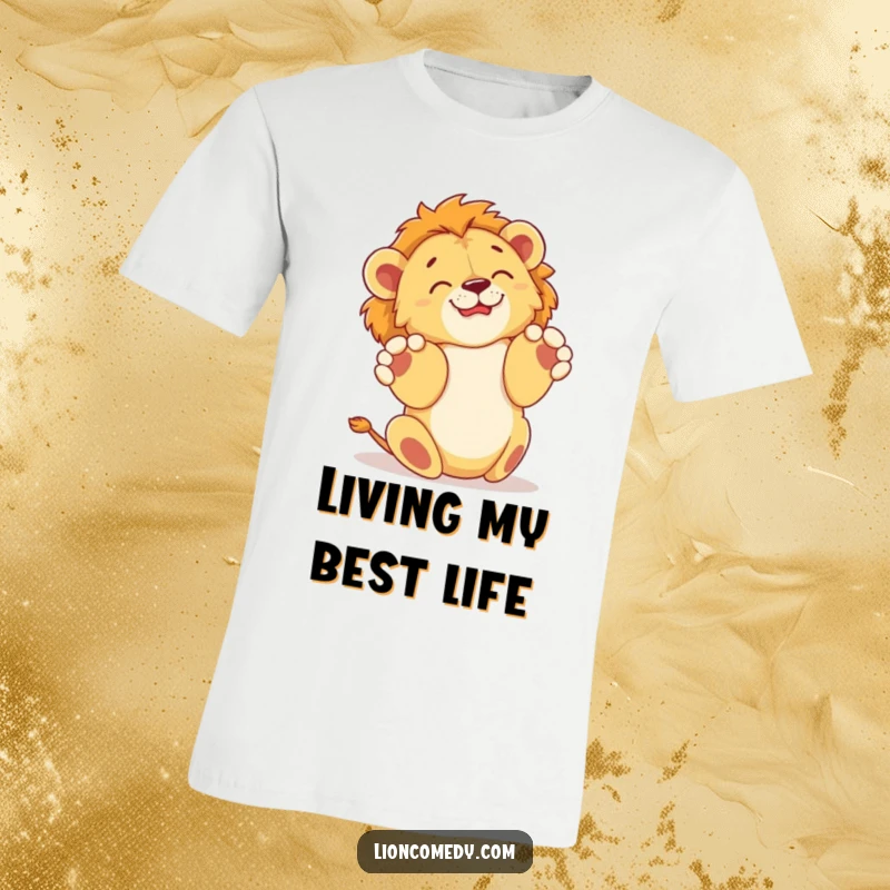 Funny t-shirt of a lion cub joyfully rolling on its back, paws enthusiastically in the air, celebrating pure, comical happiness.