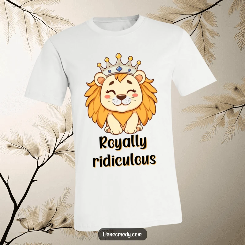 A regal but silly lion with a tilted crown winking playfully on a comfortable t-shirt, radiating cool confidence.