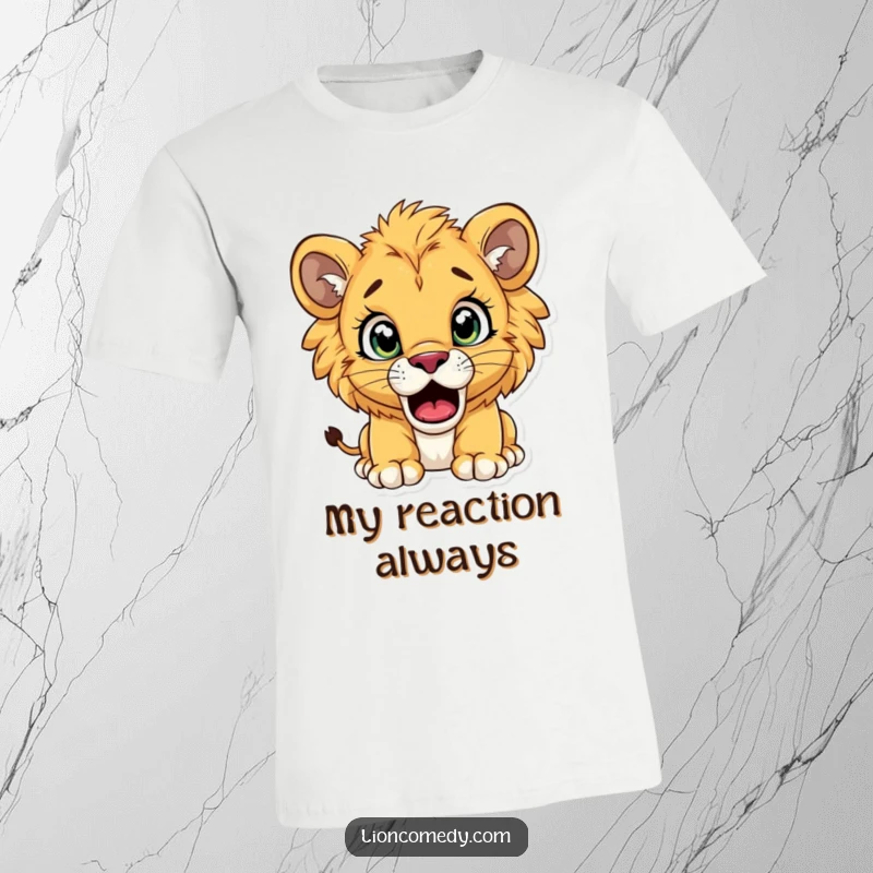 Funny lion cub t-shirt featuring a cub with exaggeratedly wide eyes and an open mouth, caught in a state of pure shock.