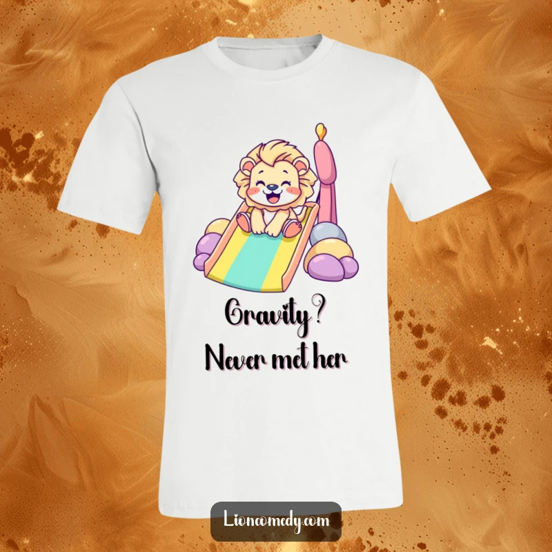 Funny T-Shirt: A tiny lion gleefully slides down a bright rainbow, embodying pure joy and playful adventure. A humorous gift for fun-loving souls.