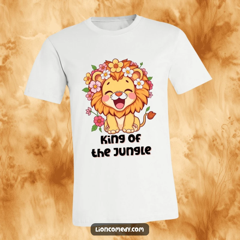 Funny kawaii lion cub with a flower-filled mane, roaring joyfully, printed on a vibrant t-shirt.