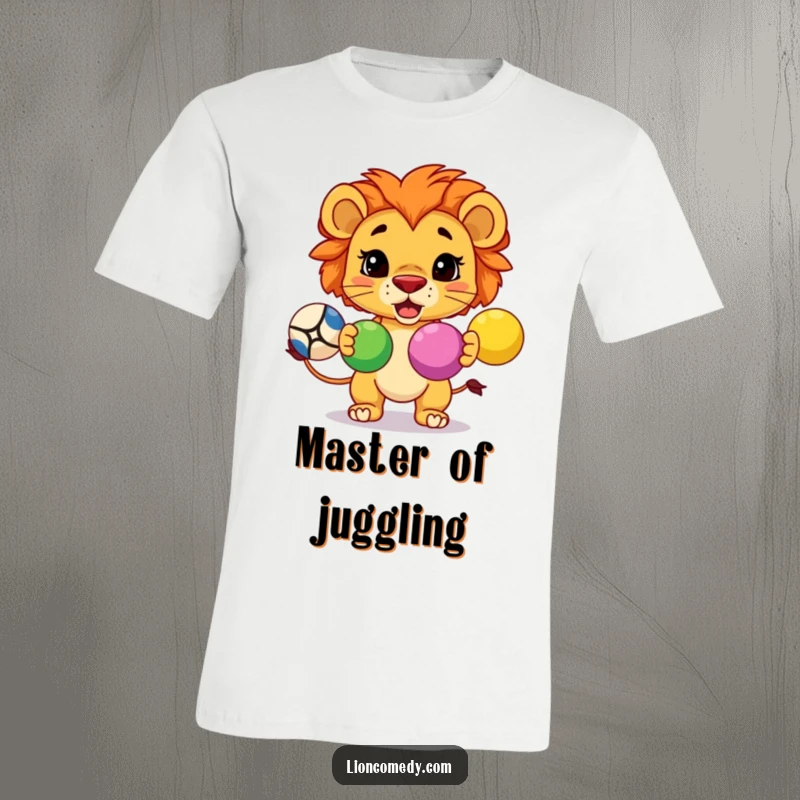 Funny kawaii lion, determinedly juggling three colorful balls, printed on a soft and comfortable t-shirt.