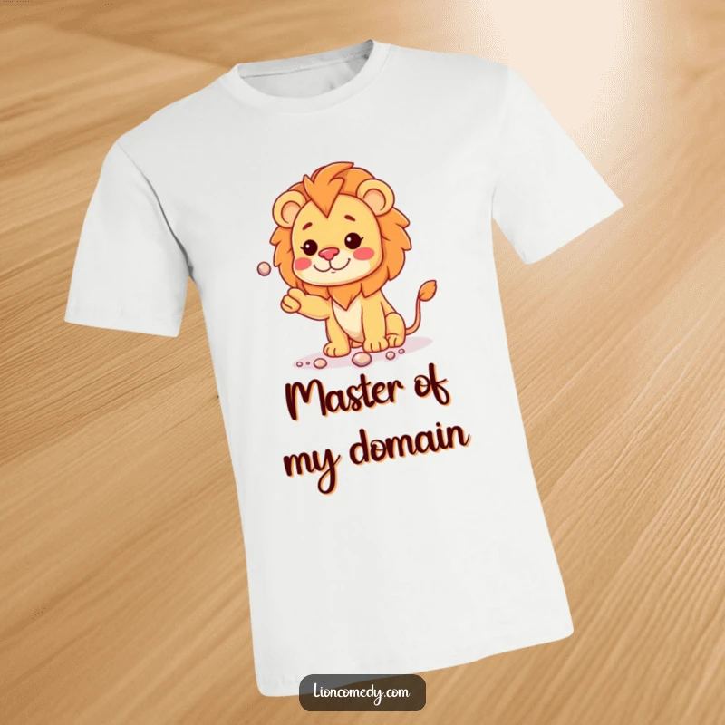 Funny kawaii lion cub with a curious head tilt, skillfully juggling shiny pebbles, printed on a fun t-shirt.