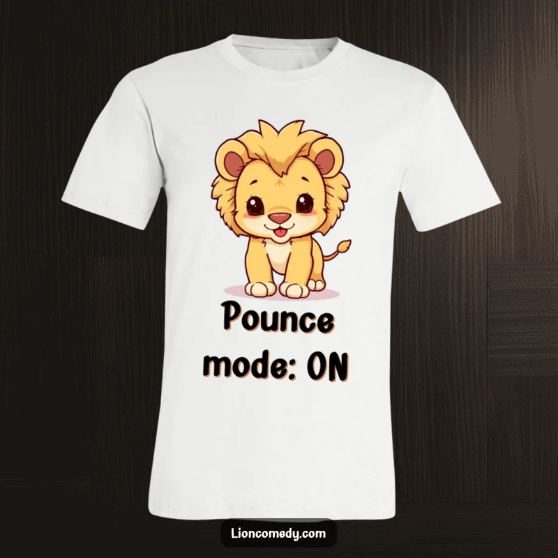 Funny t-shirt of a kawaii lion cub with a fluffy mane, captured in a playful pouncing motion.