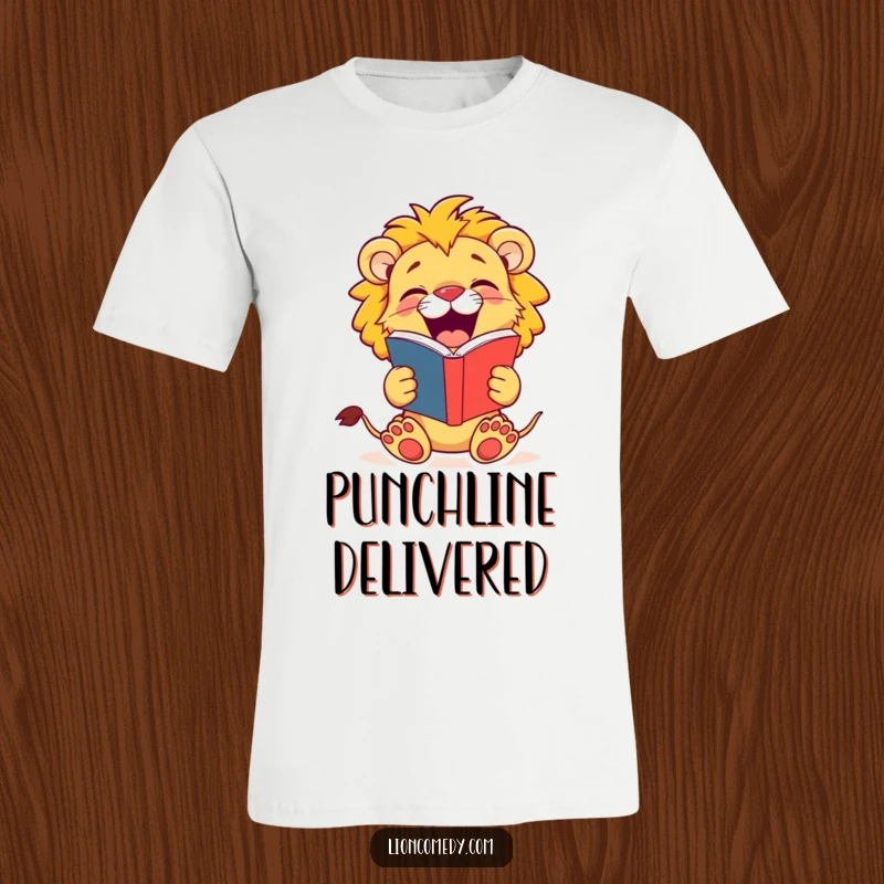 Funny Lion Cub T-Shirt: A jubilant cub roars with laughter, clutching a joke book, embodying pure comedic joy.
