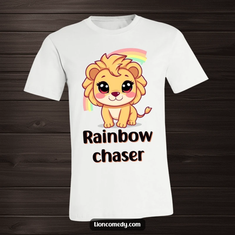 Funny t-shirt featuring an adorable wide-eyed lion character energetically chasing a dazzling, shimmering rainbow.