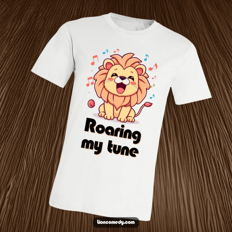 Funny t-shirt with a kawaii lion joyfully roaring, surrounded by musical notes, perfect for music lovers.