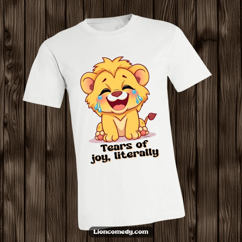 Funny t-shirt depicting a lion cub laughing uncontrollably, with tears of joy streaming down its face.