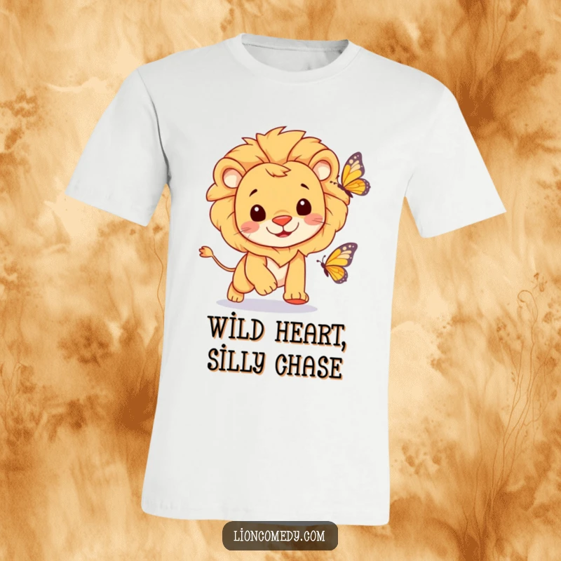 A cheerful lion with a happy expression chasing a butterfly on a fun t-shirt, embodying playful pursuit.